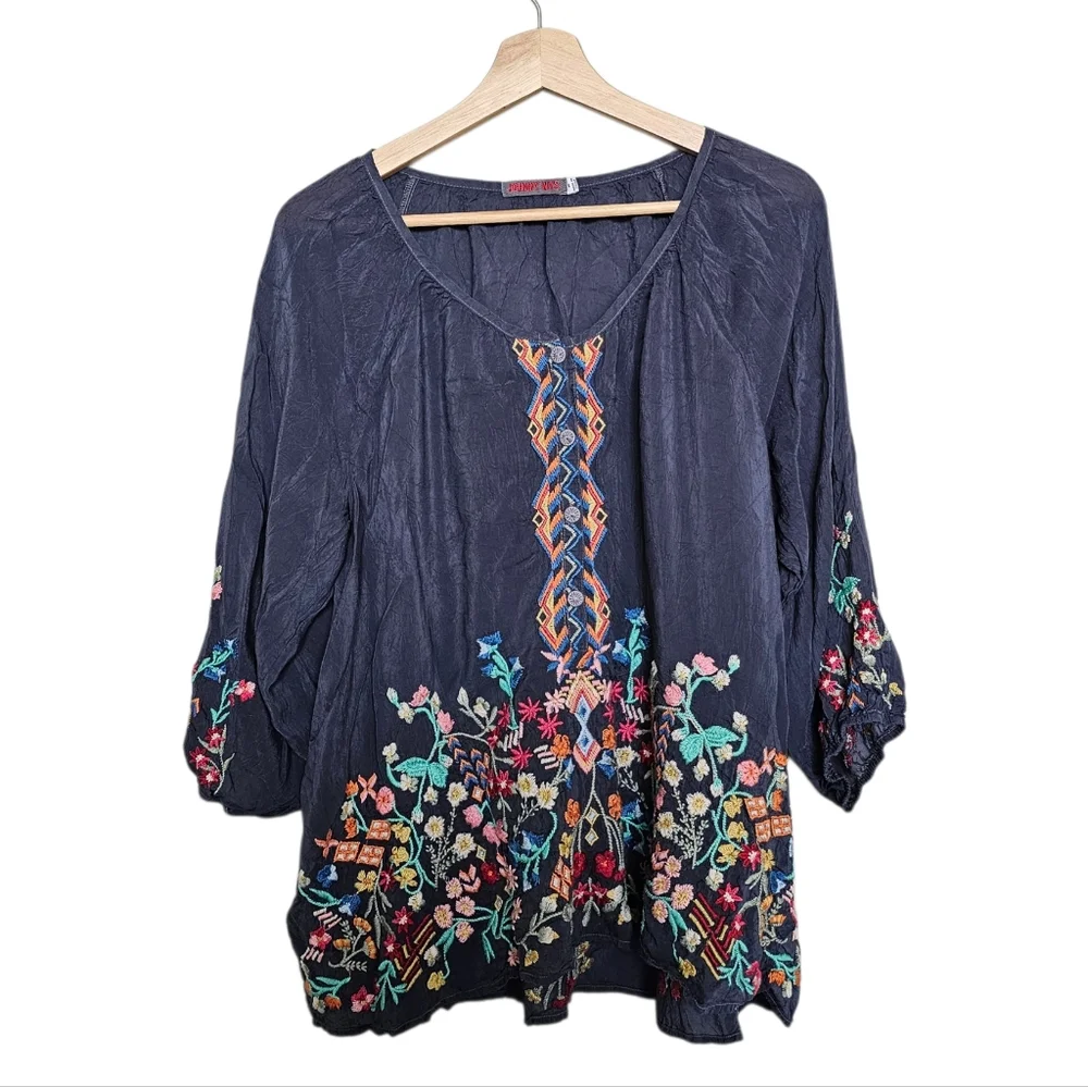 Johnny Was Graphite Sarah Scoop Neck Embroidered Georgette Top Blouse Boho SZ M - Picture 1 of 6